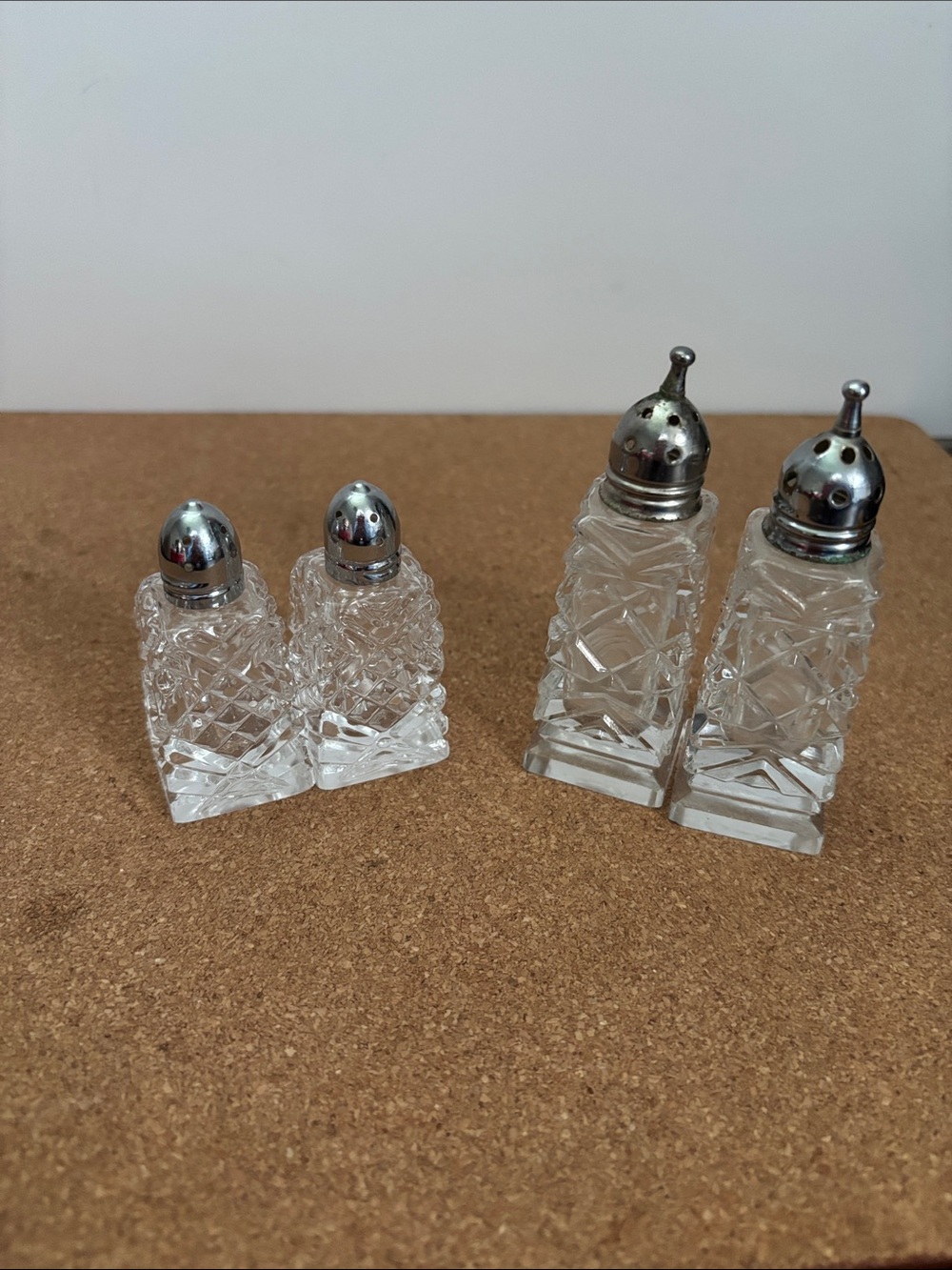 Cut Crystal Glass Salt and Pepper Shakers with Silver Tops 3.5” 4.5”